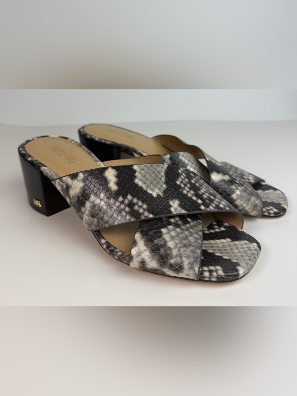 NEW Michael Kors Abbott Python Snakeskin Leather Mule Heel Sandal Black Gray 5.5